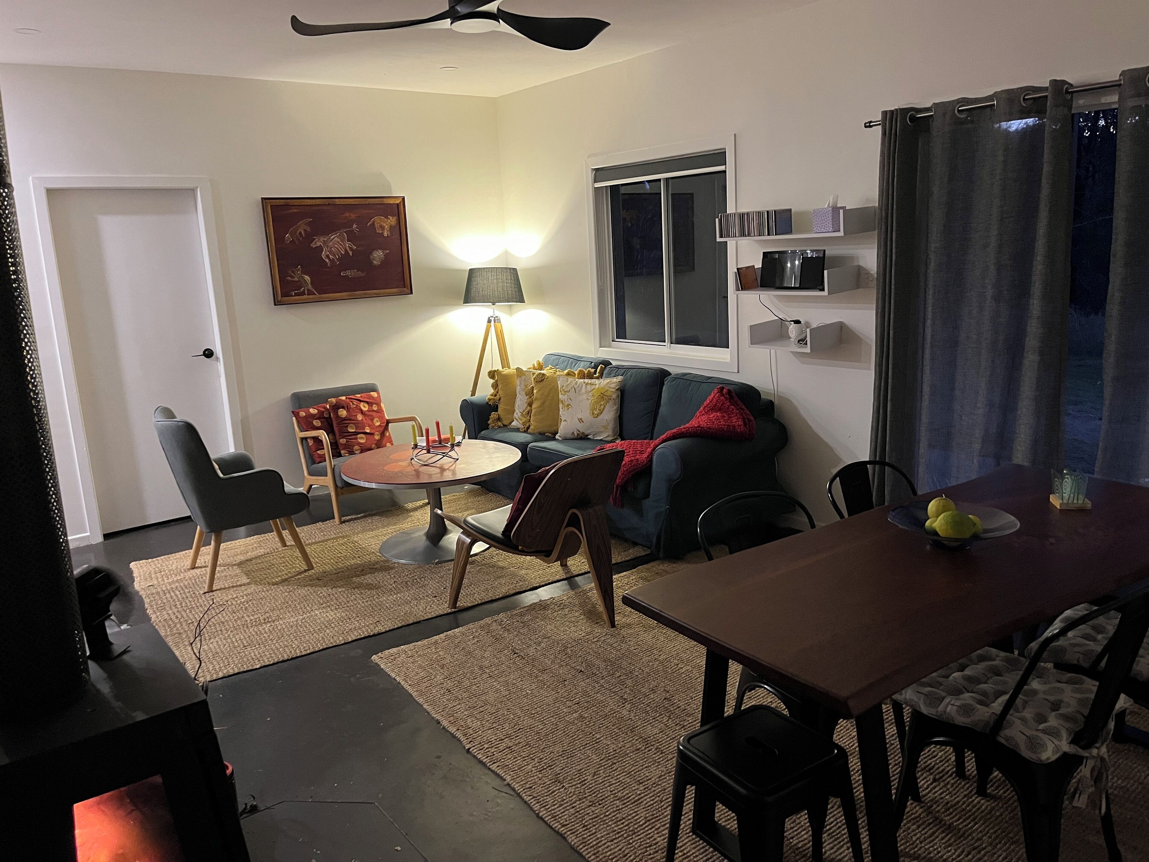 TV, lareira, DVD player, livros