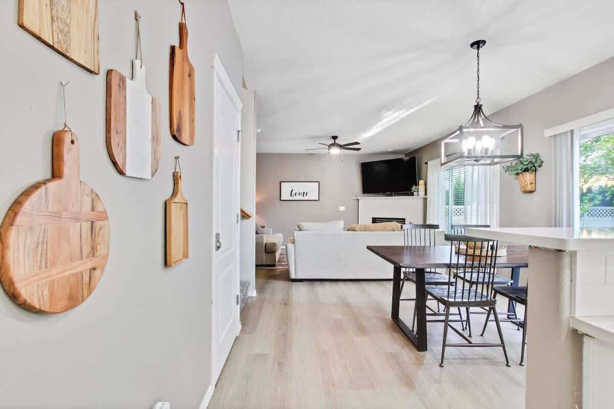 TV, fireplace, books