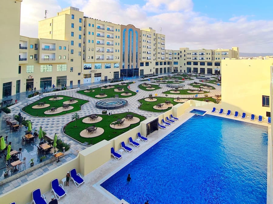 Outdoor pool, pool umbrellas, pool loungers