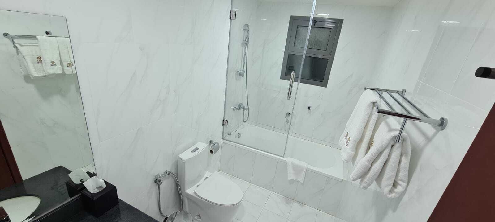 Une salle de bain moderne avec une douche à parois de verre, des toilettes et un lavabo.