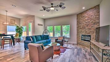 TV, fireplace, music library