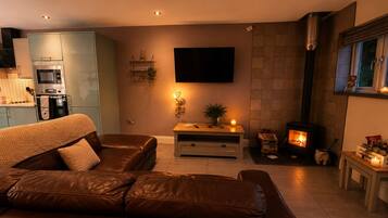 A modern living room with a leather sofa, a flat-screen TV mounted on the wall, a fireplace, and a kitchen area with an oven and microwave.