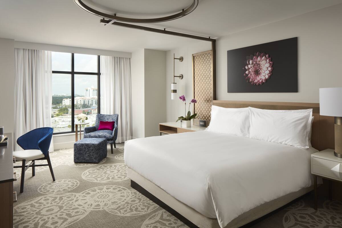 Ein Hotelzimmer mit einem großen Bett, einem Schreibtisch, einem Stuhl und Blick auf die Stadt durch große Fenster.