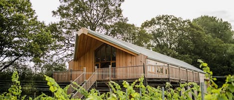 A wooden cabin with a balcony, surrounded by lush greenery and trees.