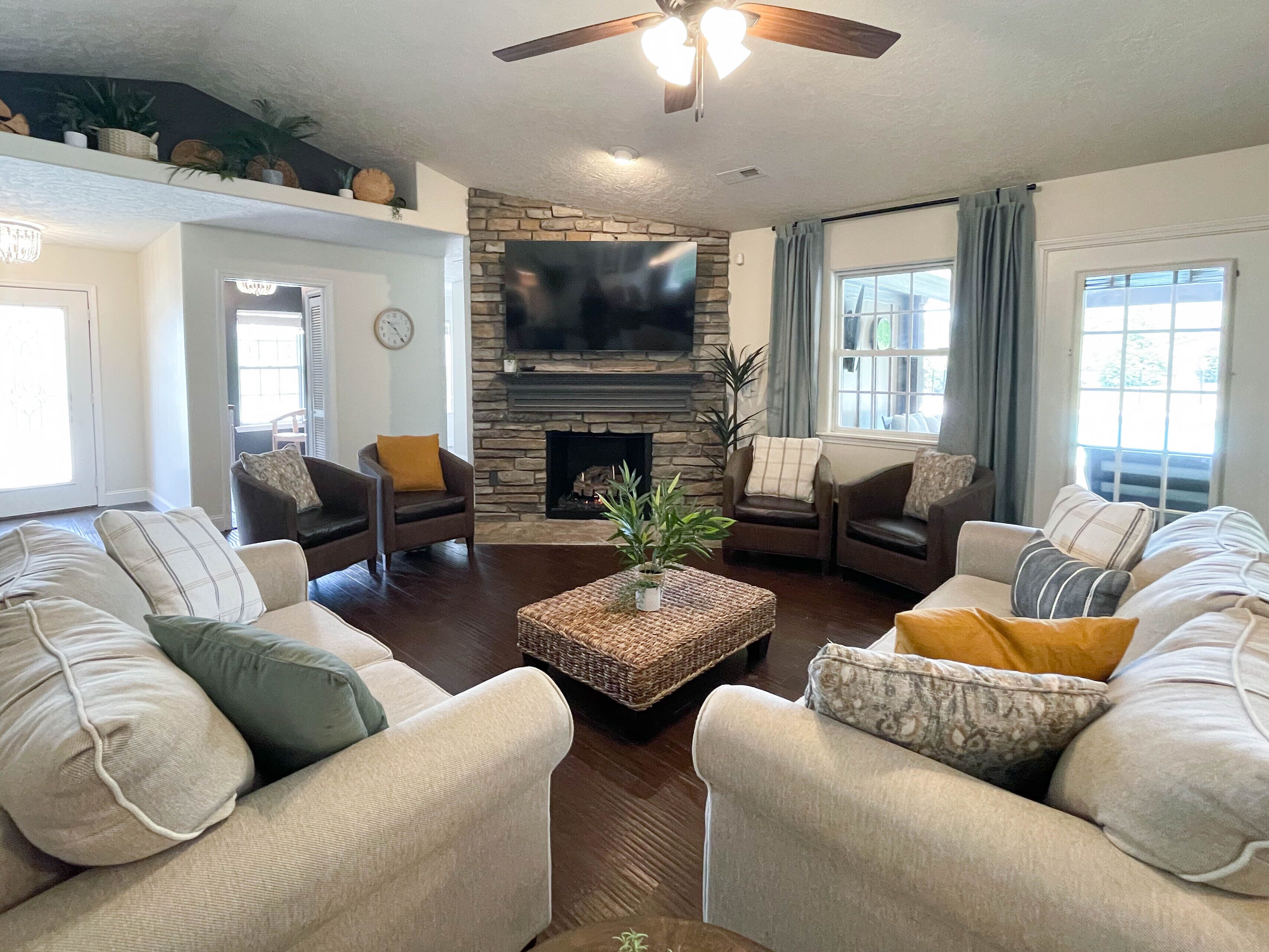 Smart TV, fireplace, video games, foosball