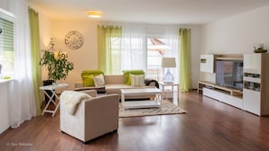 A modern living room with a sofa, coffee table, and TV stand. - Beautiful newly renovated vacation apartment in a quiet location (Wald-Michelbach)