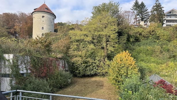 Une cour avec une tour en pierre, entourée d’une végétation luxuriante et d’une balustrade en métal.
