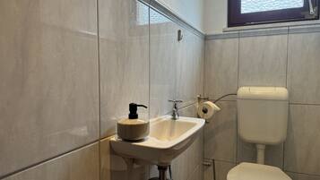 A bathroom with a sink, toilet, and window.