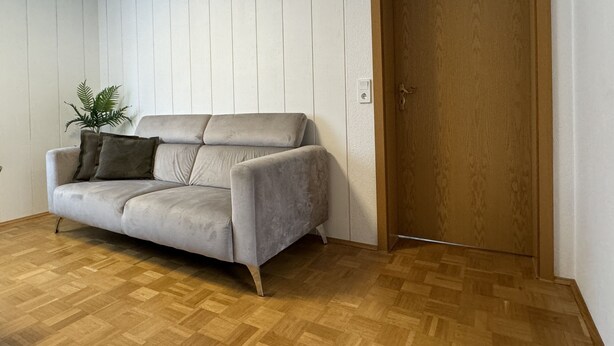 A room with a grey sofa, a wooden door, and a potted plant. - Ferienhaus Möhrle 4 (Ueberlingen)