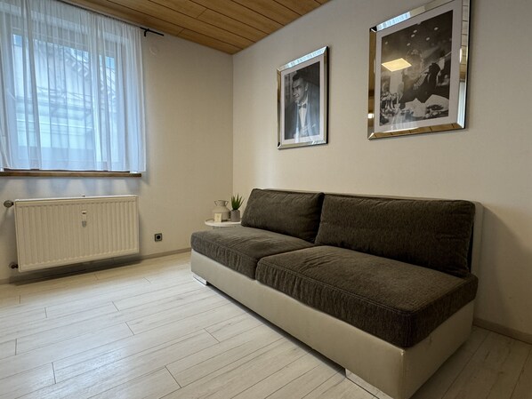A modern living room with a grey sofa, a radiator, a small side table with a plant, and two framed pictures on the wall.