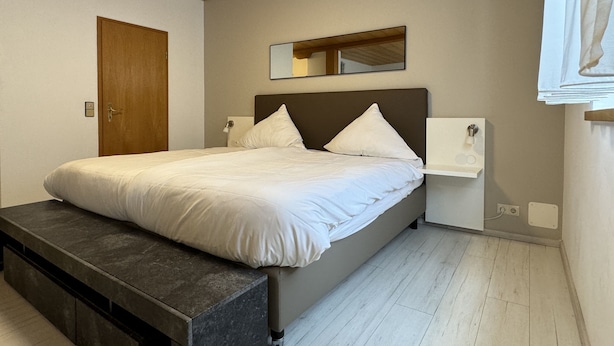 A modern bedroom with a large bed, a wooden ceiling, a door, a mirror, and a bedside table.