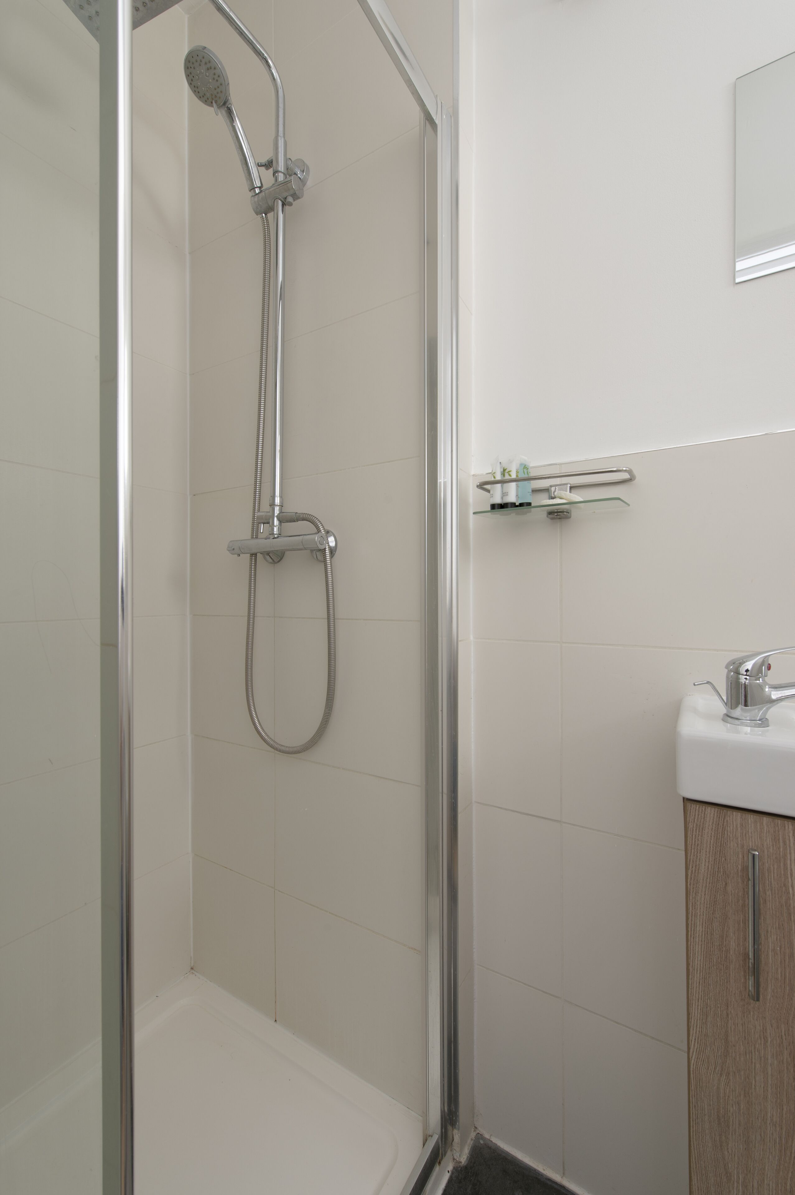 En bruser med glasdør, en vask med spejl og en lille hylde med toiletartikler.