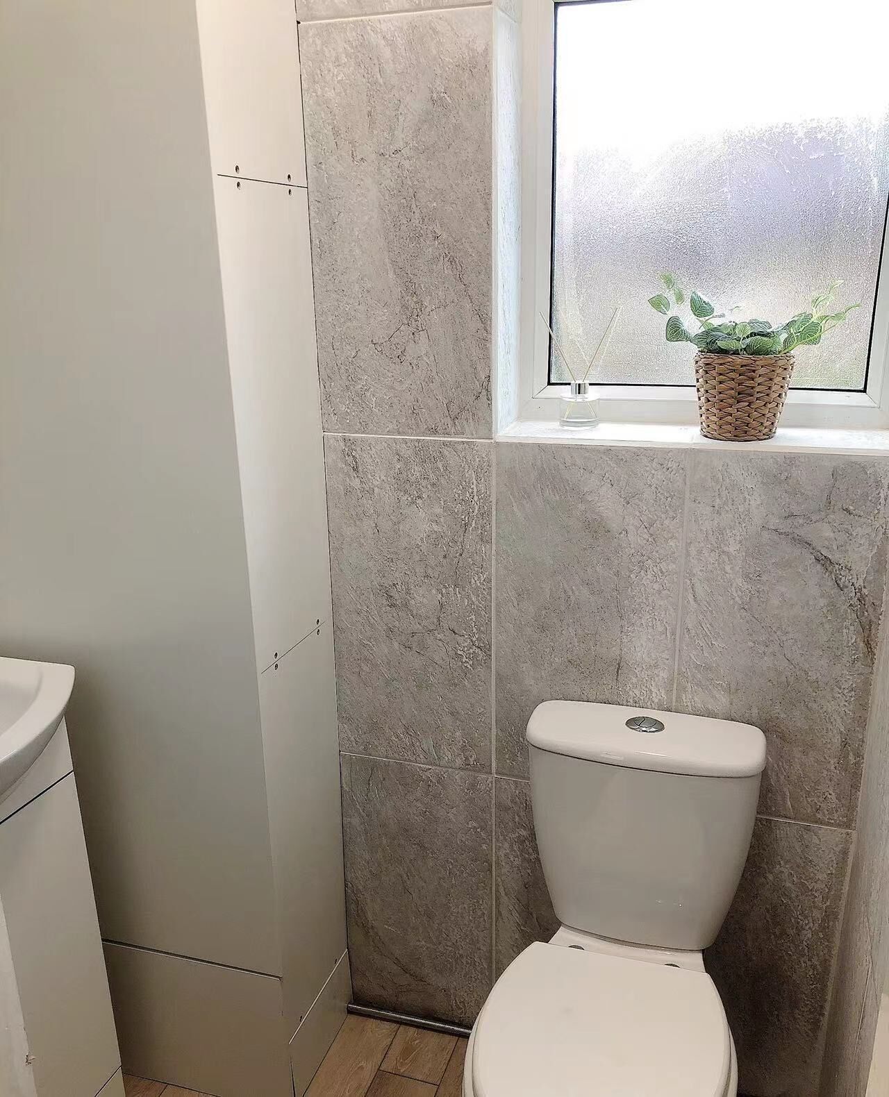 A bathroom with a toilet, a shower, and a window with a plant.