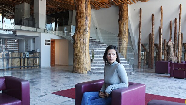 A lobby with a reception desk, a staircase, and a seating area with a potted plant. - Hotel Borovi Sjenica (Sjenica)