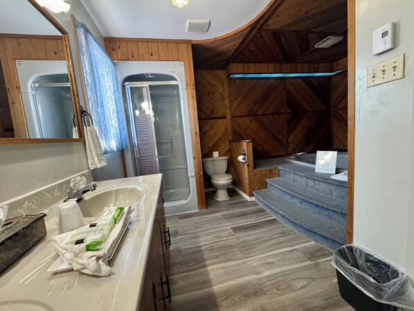 Un baño con detalles de madera, un lavamanos con artículos de aseo, un inodoro y una zona de ducha.
