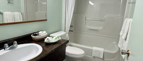 Une salle de bain avec un lavabo, des toilettes et une baignoire.