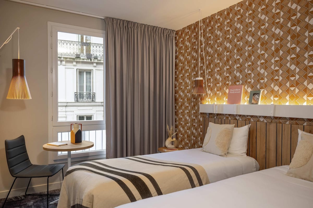 Desk, blackout curtains, soundproofing, iron/ironing board