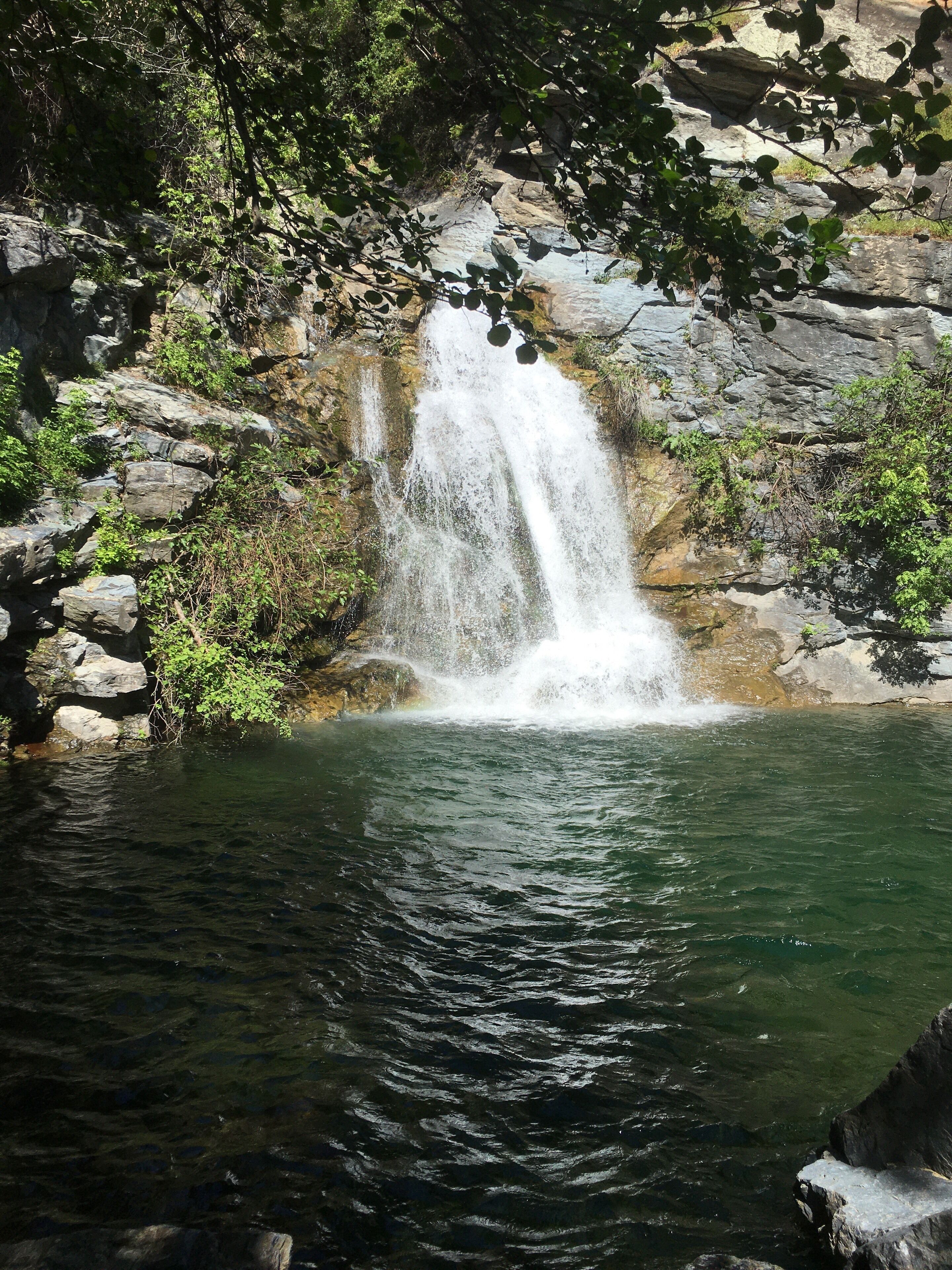 Une cascade d’eau se déversant dans un bassin limpide, entouré de rochers et de verdure.