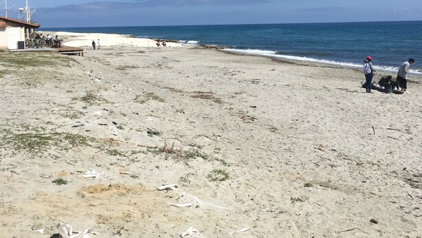 Uma praia com um edifício à esquerda, céu claro e o oceano ao fundo.
