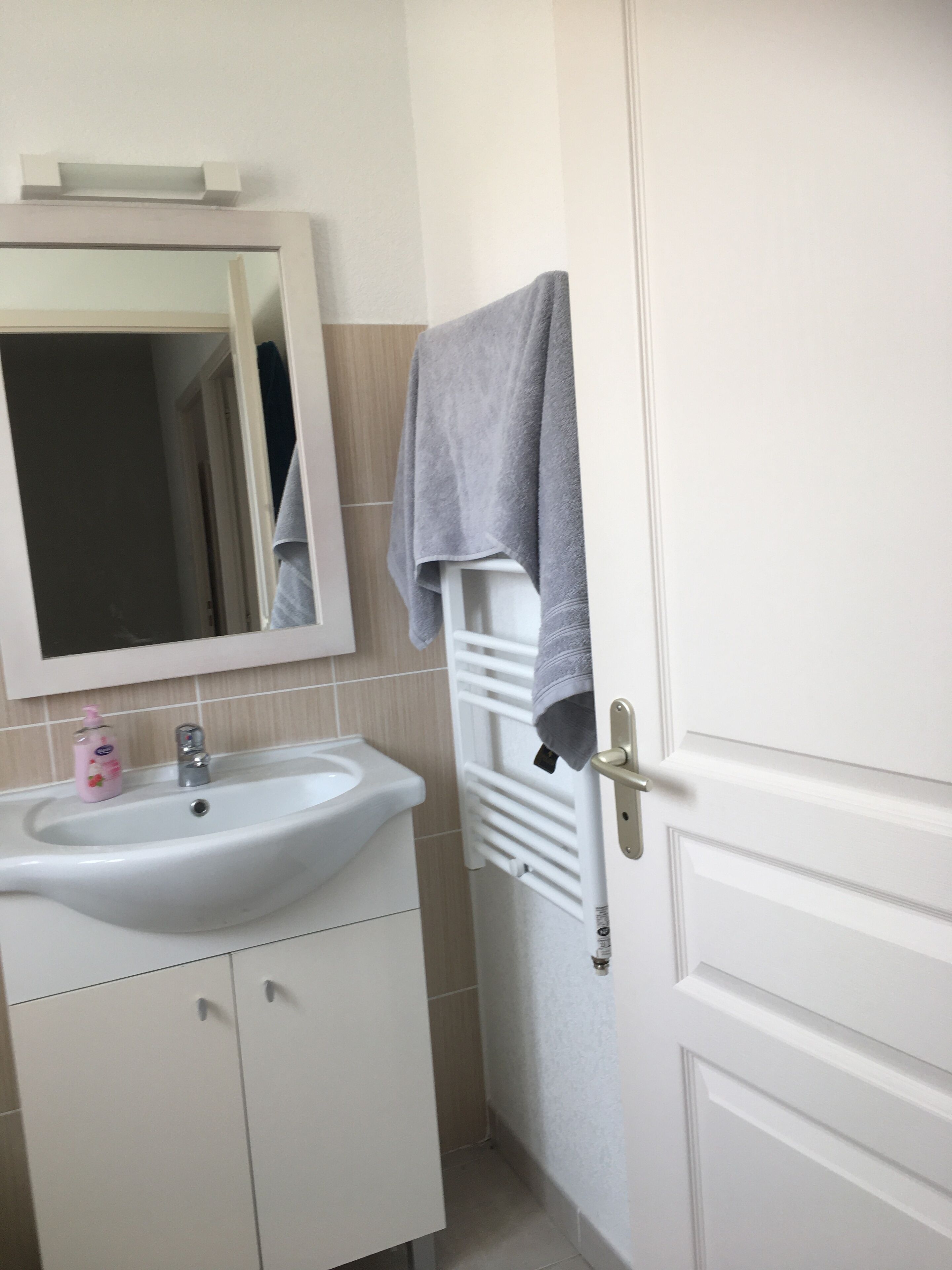 Een badkamer met een wit wastafel, een spiegel, een handdoek aan een radiator en een deur.