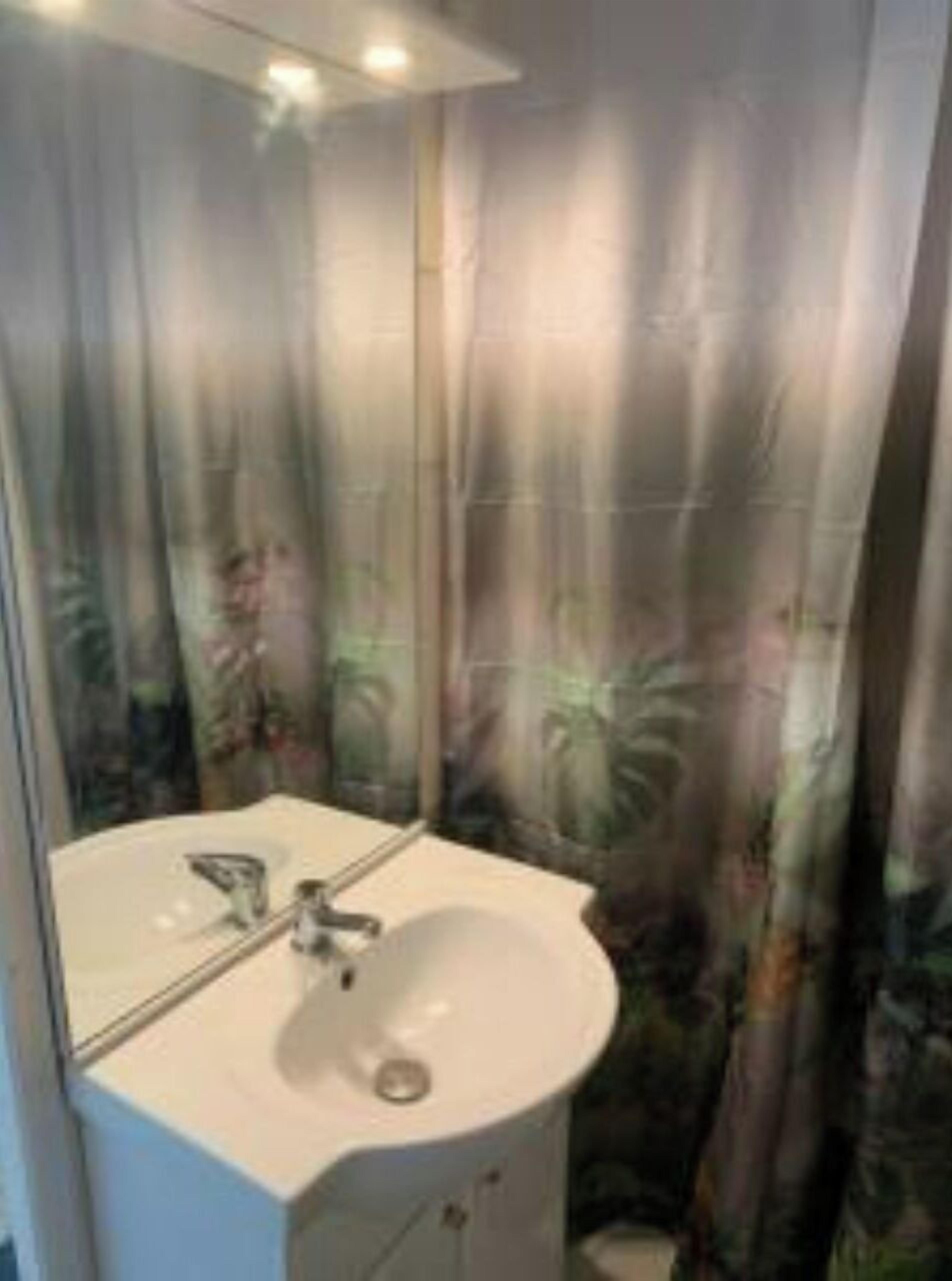 Un baño con lavamanos blanco, un espejo y cortina de ducha con estampado floral.