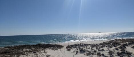 On the beach, sun-loungers, beach towels
