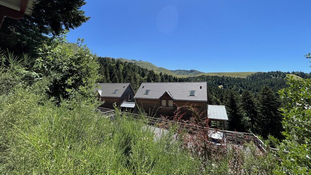 A cabin with a sloped roof, surrounded by dense forest and hills in the background. - Chalet les Digitales - Rocher du cerf (Le Lioran)