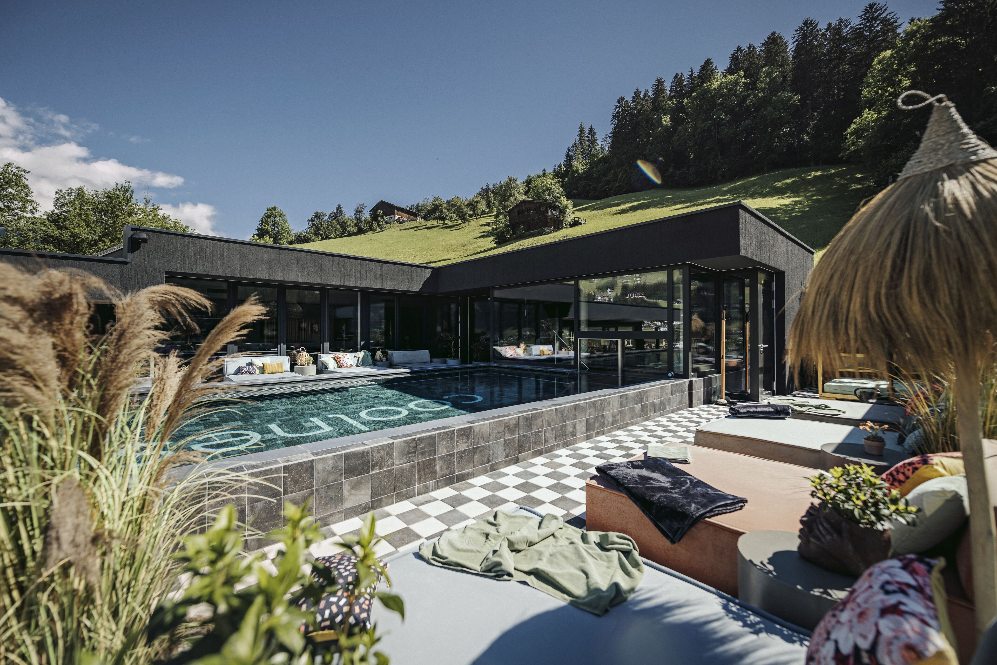 Outdoor pool, pool umbrellas, pool loungers