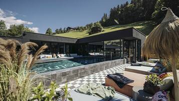 Outdoor pool, pool umbrellas, pool loungers