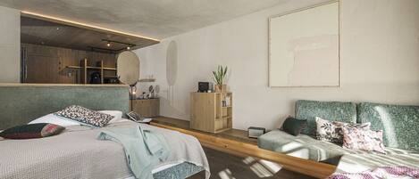 Executive suite | Luxe beddengoed, donsdekens, een minibar met enkele gratis items