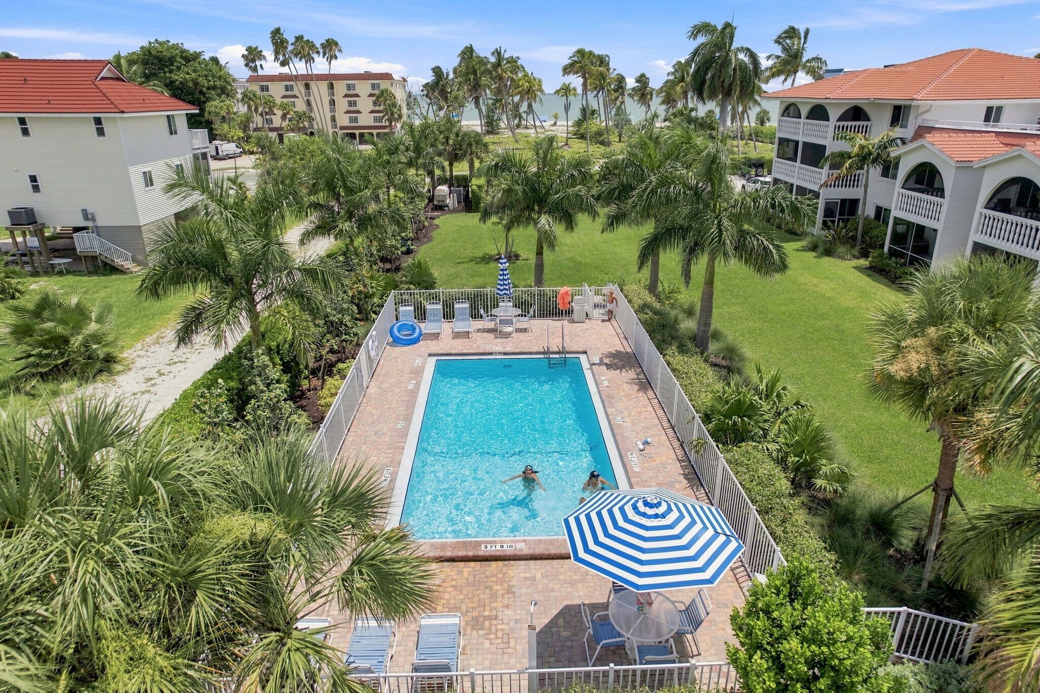 A swimming pool with a 3-foot depth marker, surrounded by palm trees and a fenced area with lounge chairs and umbrellas.