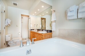 Separate tub and shower, hair dryer, towels
