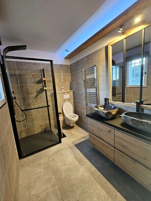 Combined shower/bathtub, hair dryer, towels, soap
