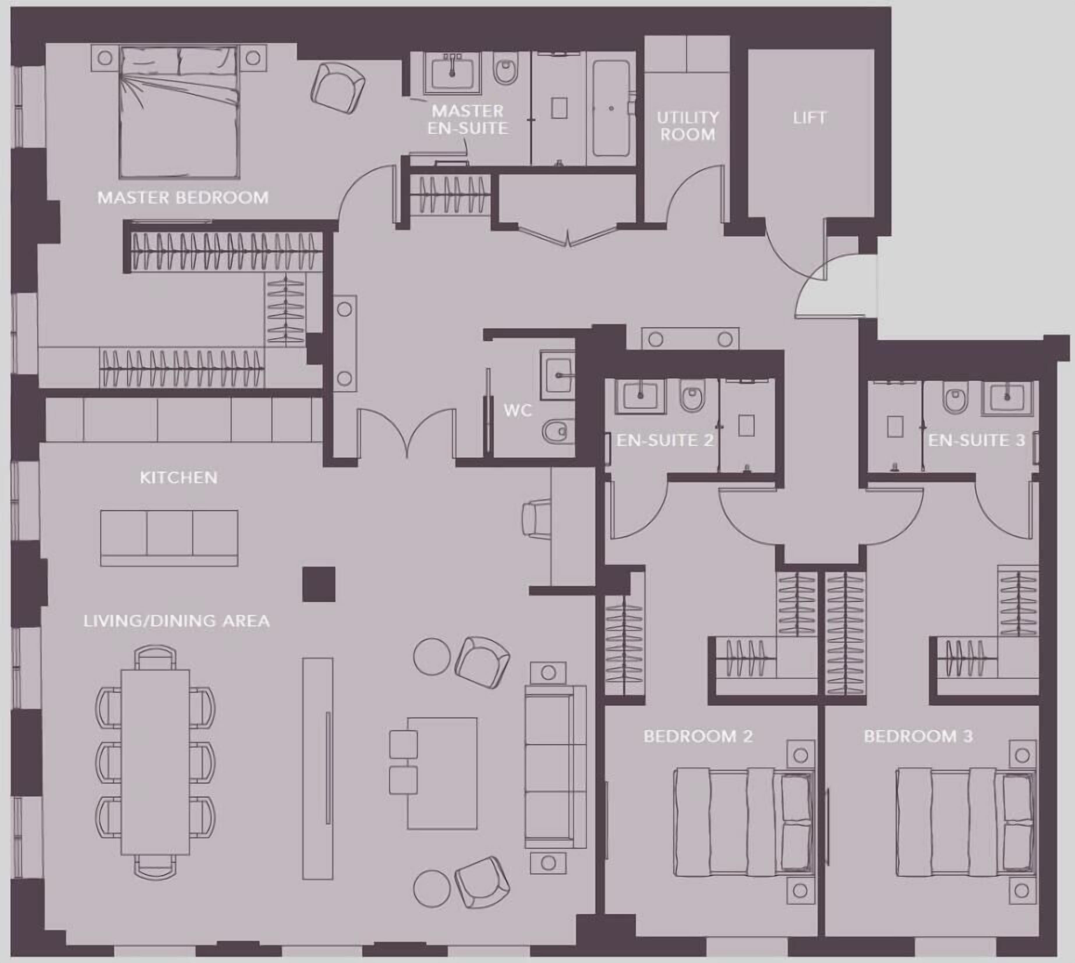 Plan d’étage d’un hôtel comprenant une chambre principale, deux salles de bain privatives, une buanderie, une salle de bain principale, une cuisine, un espace salon/salle à manger et trois chambres.