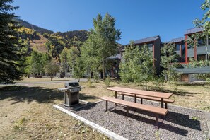 Een picknickplaats met een barbecue en banken, omringd door bomen en gebouwen met rode details.