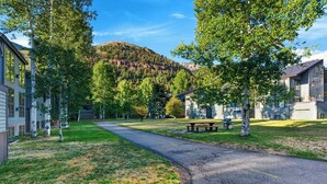 A residential area with houses, a paved path, and a mountain in the background. - Telluride Lodge 311 by AvantStay | Close to Slopes & Town! (Telluride)