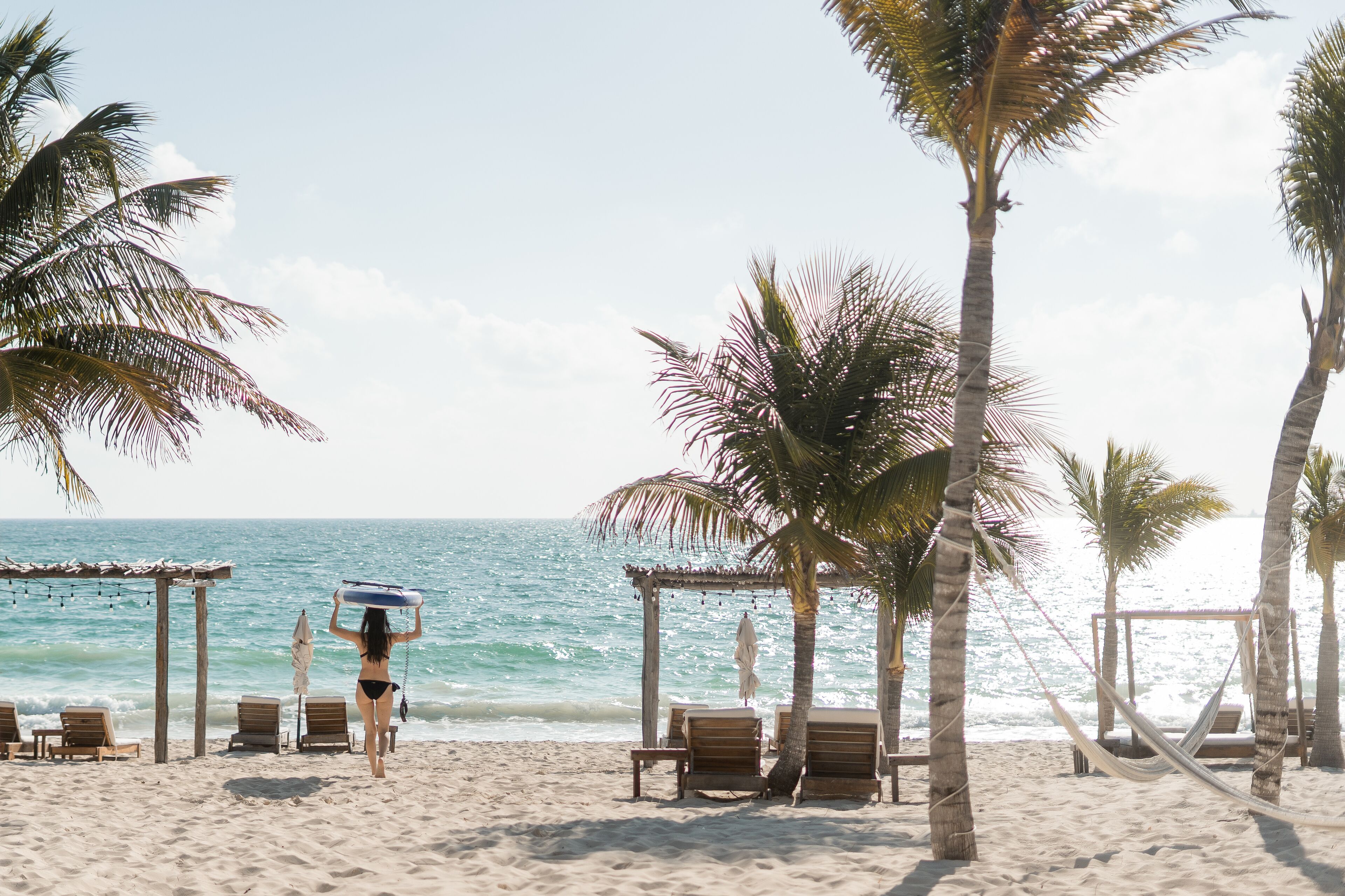 Una playa con palmeras, una pérgola de madera y sillas de descanso.