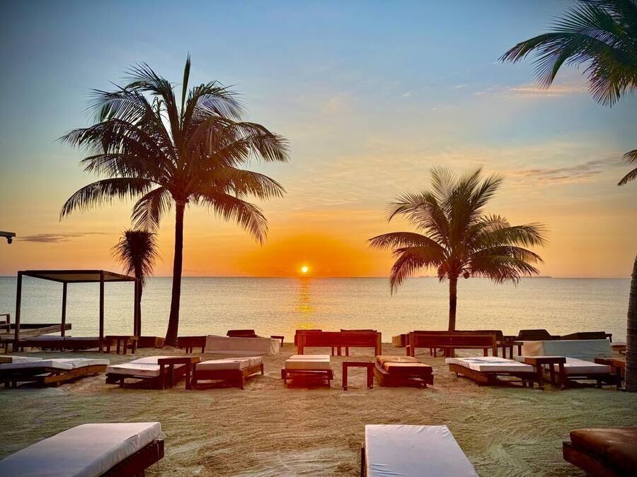 A beach with sun loungers and a canopy structure, palm trees, and a sunset over the ocean.