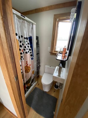 Shower, towels, soap, toilet paper