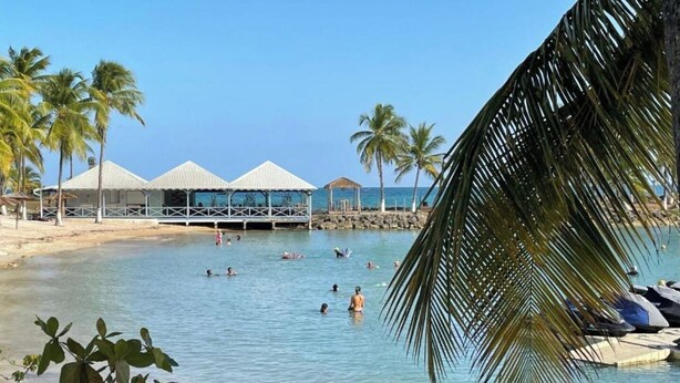 Ein Strand mit klarem Wasser, Palmen und einem überdachten Bereich mit Sonnenschirmen.