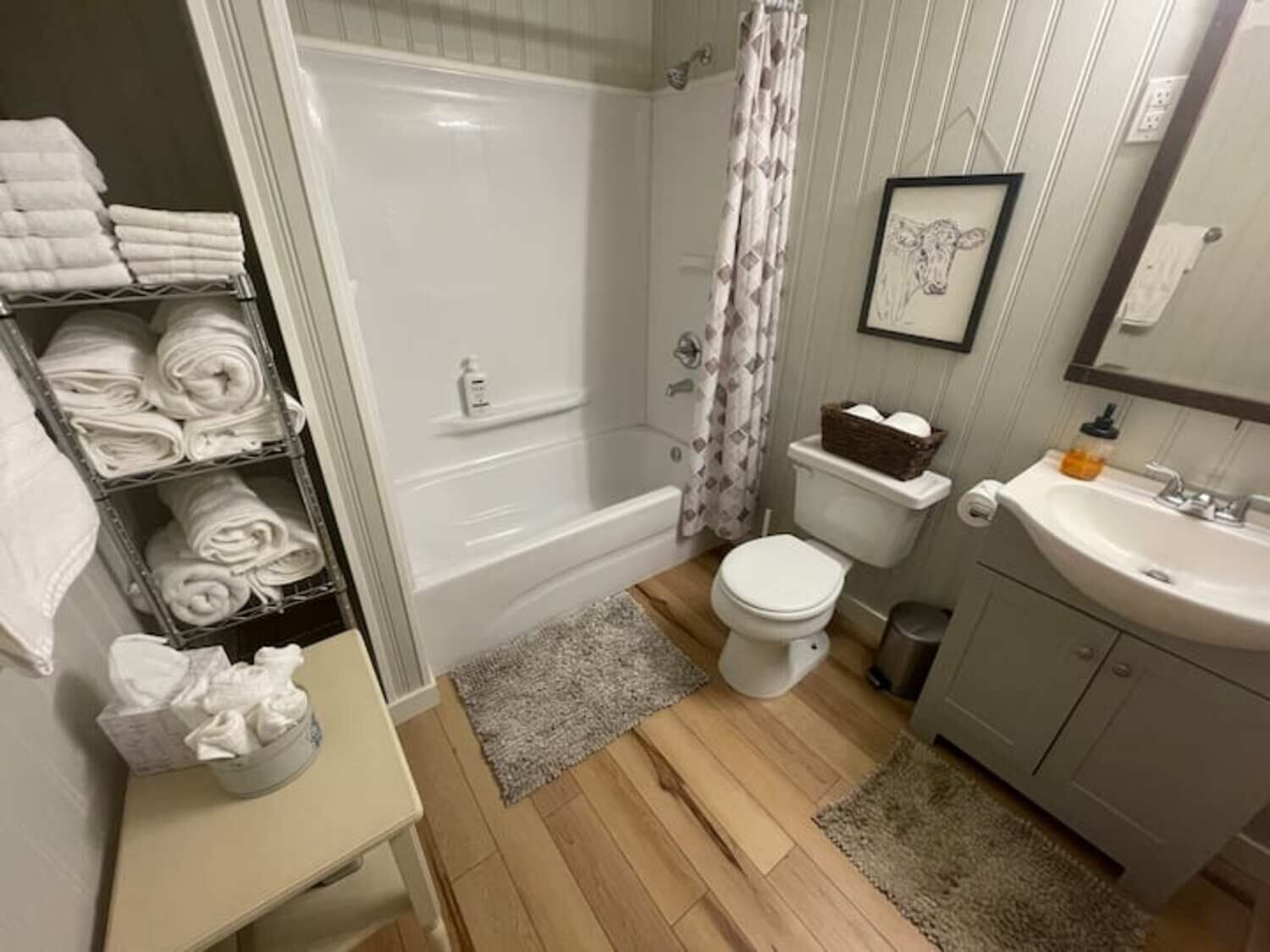Combined shower/bathtub, hair dryer, towels, soap
