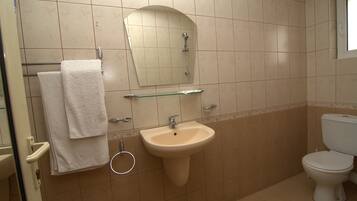 Regadera, toallas, jabón, papel de baño