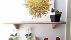 A wall-mounted shelf with decorative items including a sun-like object, potted plants, and painted flowers.