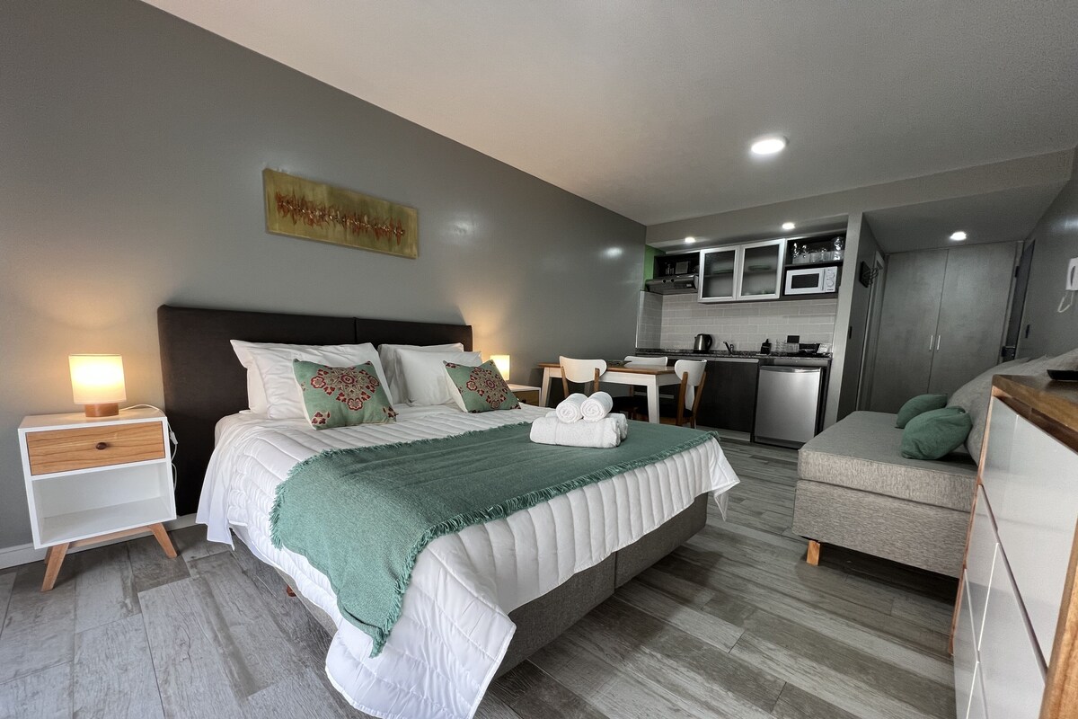 Une chambre moderne avec un grand lit, des tables de chevet, un bureau et un coin cuisine.