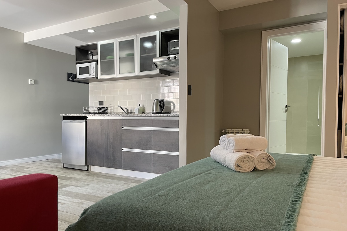 Une chambre d’hôtel compacte, dotée d’une kitchenette, d’un lit recouvert d’une couverture verte et d’une chaise rouge.