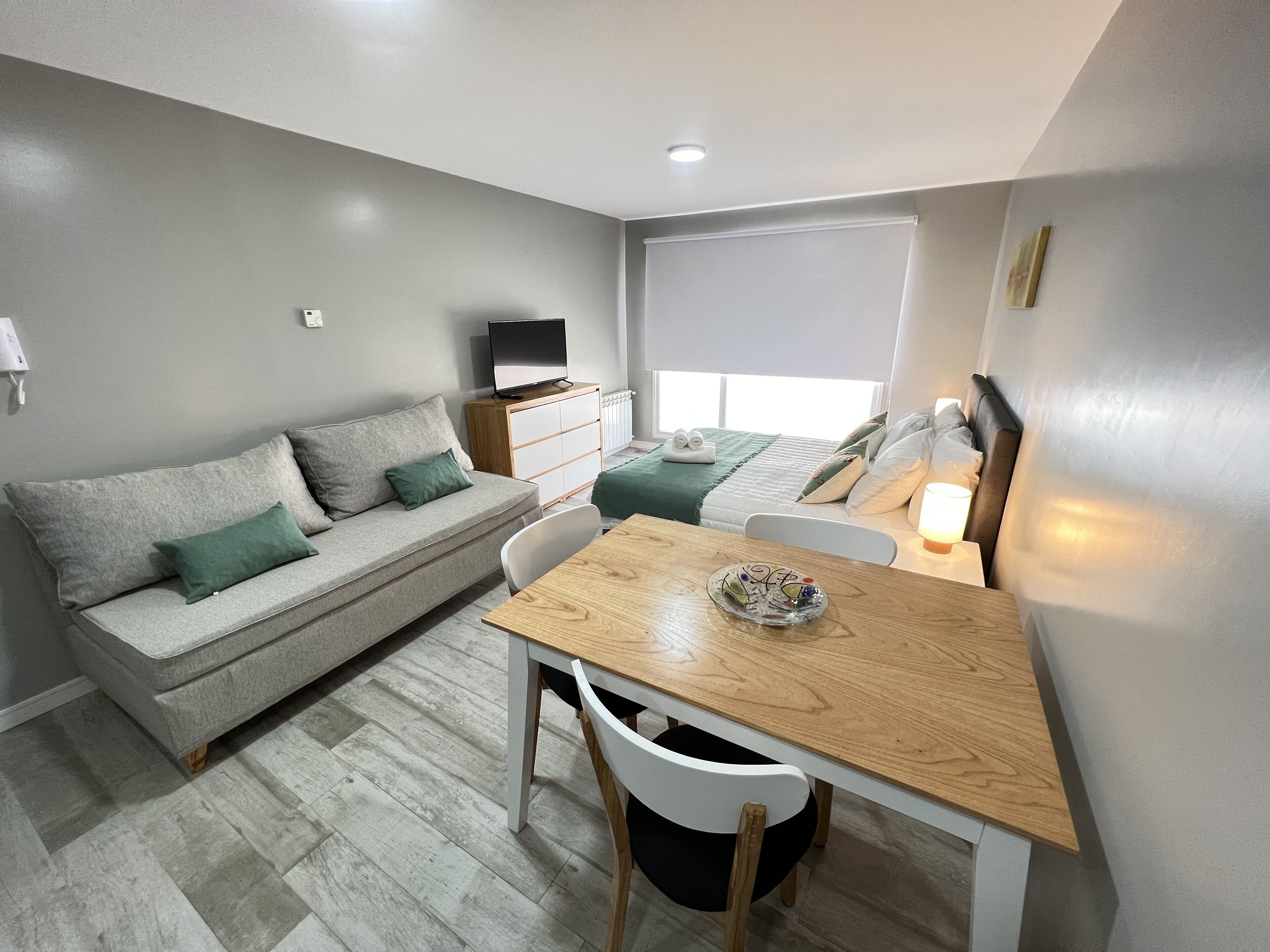 A compact living space with a sofa, a dining table, and a bed.