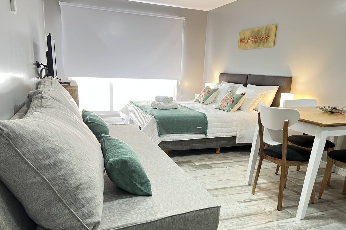 Une chambre moderne avec un canapé, un lit recouvert d’une couverture verte, une table de chevet et une chaise.
