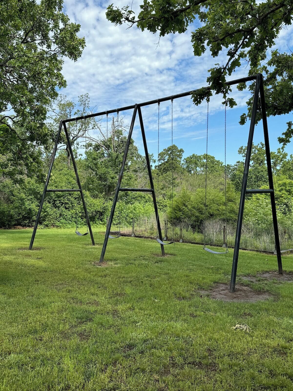 Un columpio en un parque con césped y árboles al fondo.
