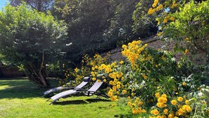 Um jardim com muro de tijolos, uma árvore e flores amarelas.