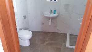 Een badkamer met toilet, wastafel en douche.